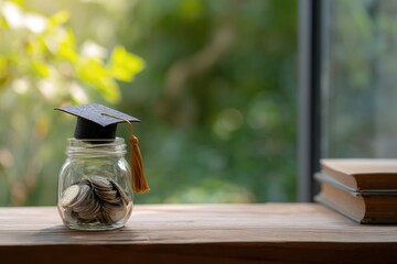 A graduation cap atop a jar filled with coins sits on a wooden surface by a window