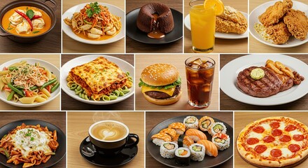 An expansive and enticing collection of delectable prepared meals and refreshing beverages, showcasing a diverse array of global cuisines and appetizing culinary delights