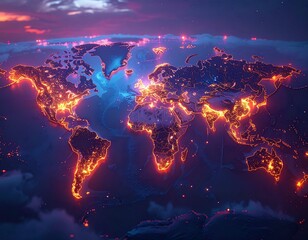 Vibrant digital world map glowing at night, showing illuminated continents and intricate networks, representing global connectivity, technology, and an interconnected future