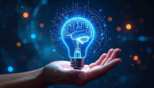 Foto ini memperlihatkan sebuah tangan yang seolah memegang hologram lampu bohlam bercahaya biru dengan ilustrasi otak di dalamnya. Latar belakang berupa pola digital dan cahaya abstrak, melambangkan i