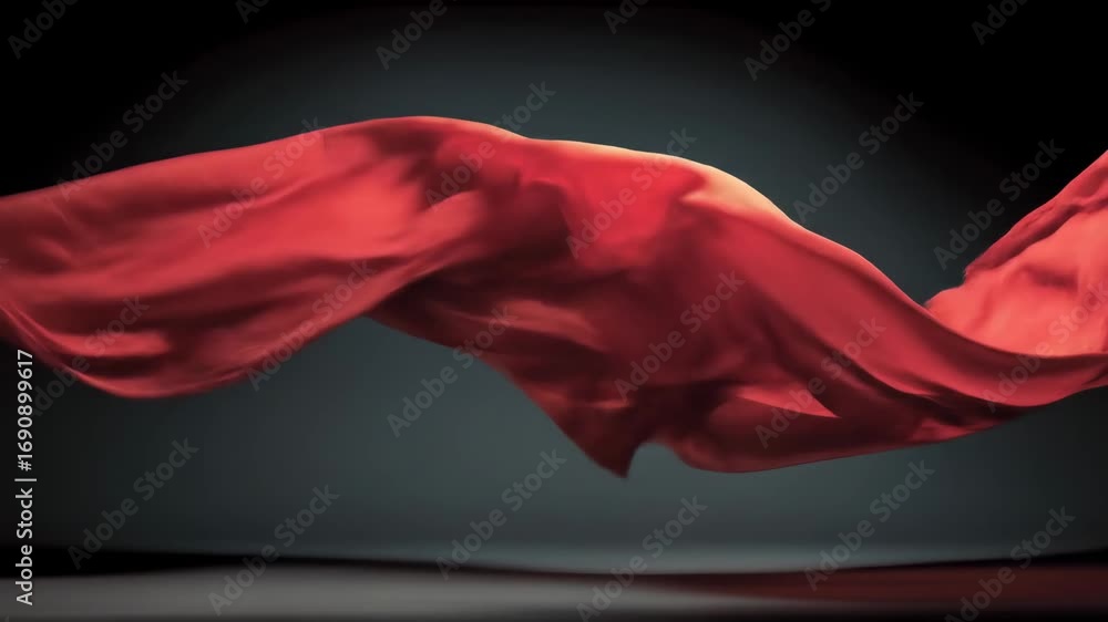 Poster red flowing fabric on a dark background. abstract smooth motion of silk. fashion presentation design