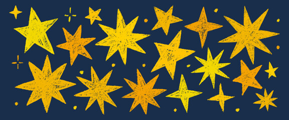 Set of gold chalk drawing stars. Shine or sparkle doodle collection. Children style yellow wax pencil hand drawing elements of night sky. Crayon scratch grunge texture star shapes.