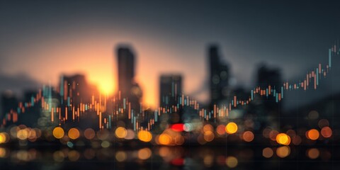 Blurred city skyline overlaid with financial chart