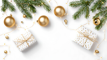 Christmas composition. Giftsrations on white background. Flat lay, top view, copy space