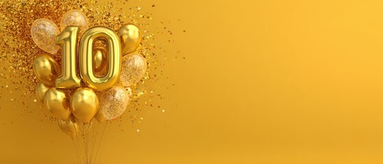 Celebratory golden balloons with the number ten on a vibrant yellow background for anniversary or milestone event