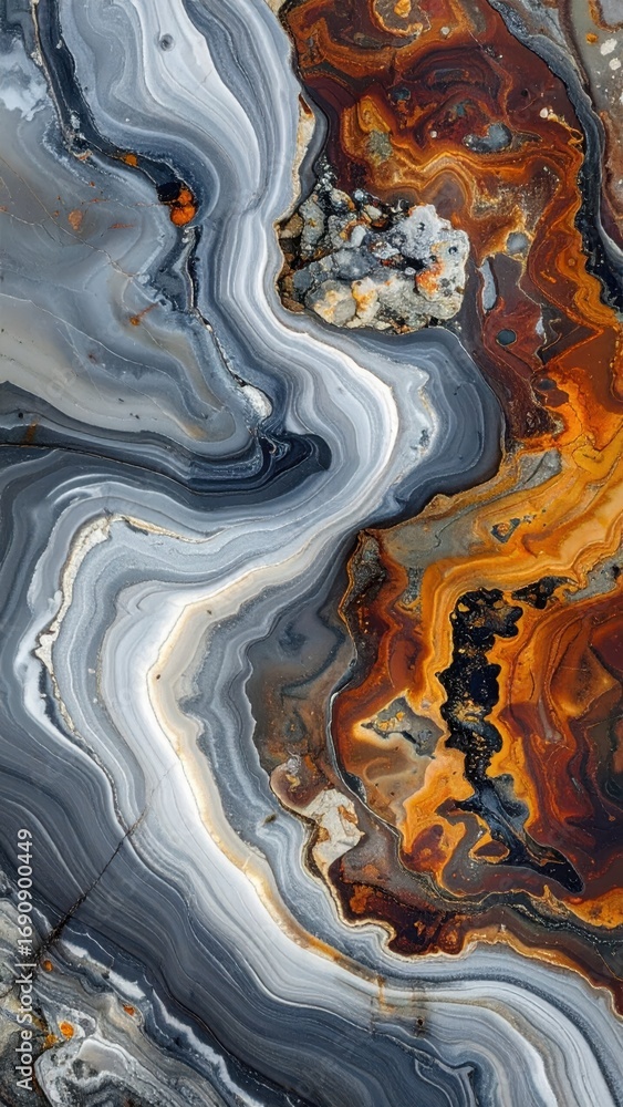 Poster abstract agate stone pattern with orange and gray fluid shapes