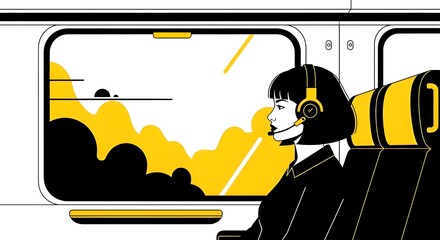 Woman Traveling on Train with Headset Looking Outside Illustration