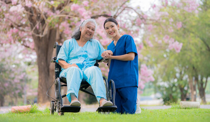 Nurse caregiver with elderly woman enjoying beneath blooming trees. suggesting in healthcare...