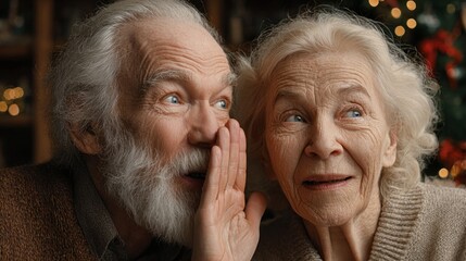 Older couple sharing a whispered conversation during festive celebrations filled with warmth and joy