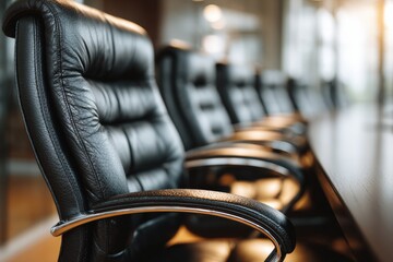 Rows of black leather office chairs around a conference table