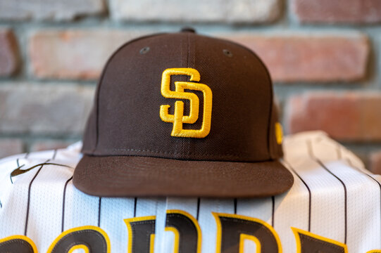 Calgary, Alberta - September 6, 2025: San Diego Padres baseball hat and team jersey.