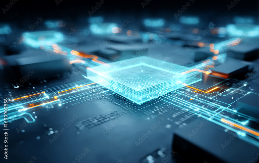 Poster advanced circuit board with glowing microchips and connected wires