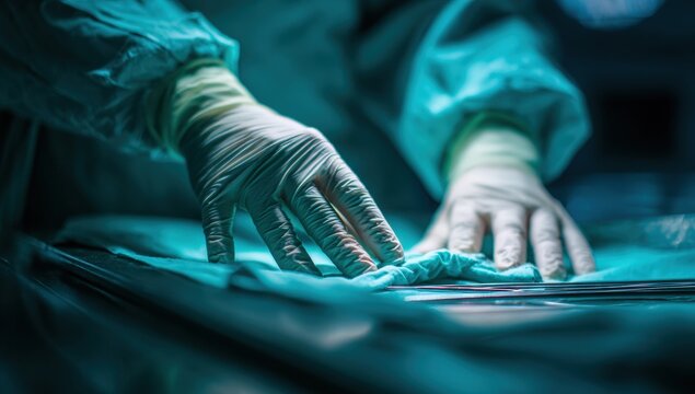 Close-up surgical scene, hands in scrubs