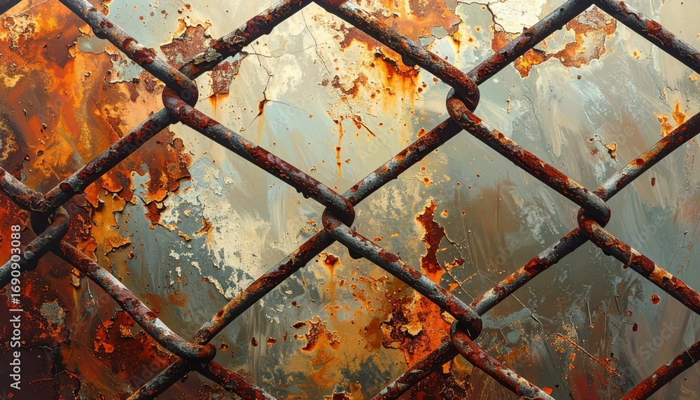 Poster rusty chain link fence with colorful decay and textured background