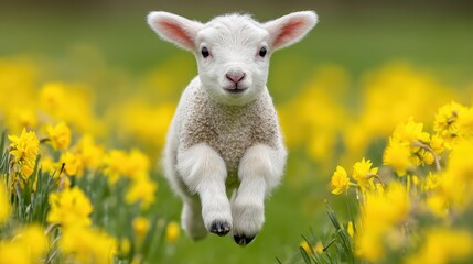 Fototapeta premium Playful young lamb jumping over a vibrant field of yellow flowers on a sunny day with a lush green background