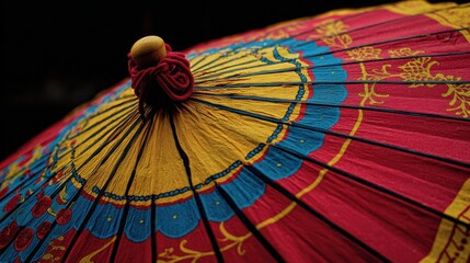 a red and blue umbrella with chinese writing on it