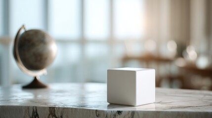 a white cube sitting on top of a marble table