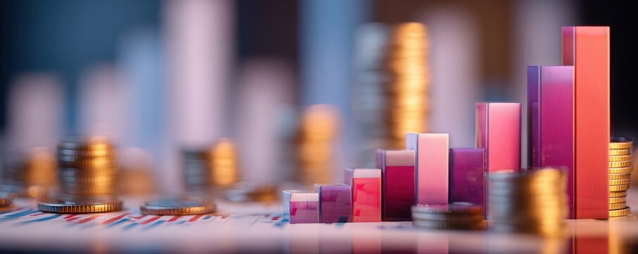 Abstract financial visualization with ascending bar graph and coins