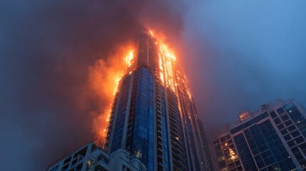 a tall building is on fire in the city