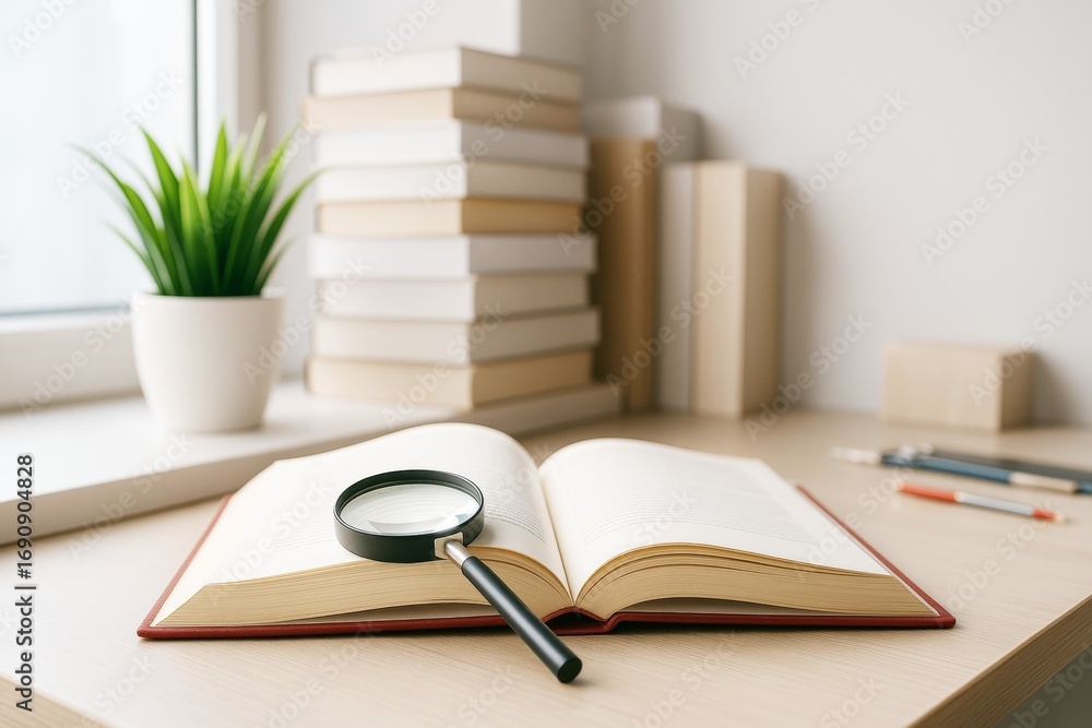 Poster open book with magnifying glass on desk near stack of books and plant in soft daylight background. s
