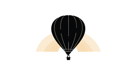 Black hot air balloon ascends against a soft, abstract sunrise backdrop, symbolizing adventure and new beginnings.