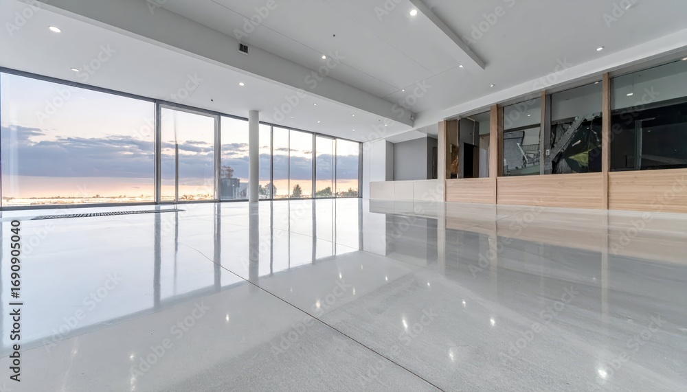 Poster modern empty interior space with large windows and scenic view