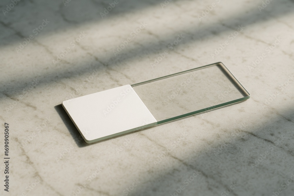 Poster minimalist blank card and glass frame mockup on marble background in natural light for creative bran