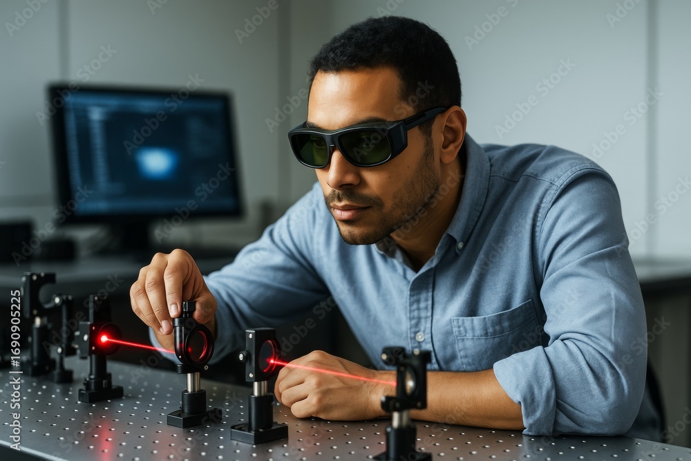 Poster scientist wearing protective glasses adjusting red laser beam in optics lab with abstract light back