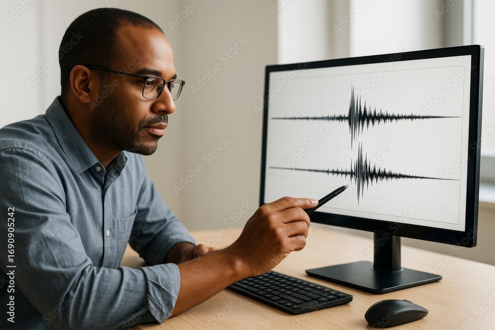 Poster focused professional analyzing audio waveform on computer screen in modern office with soft natural 