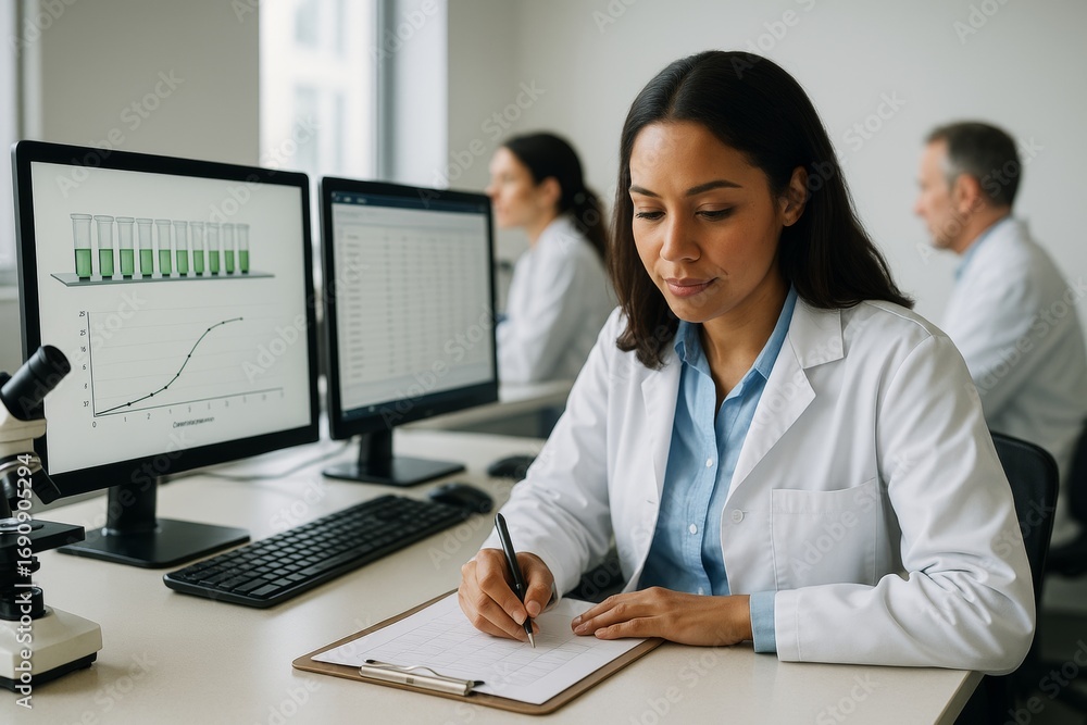 Poster female scientist analyzing data in laboratory on computer screens with graphs, writing notes on clip