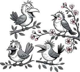 Cheerful Cartoon Birds on Flowering Branches Springtime Nature Illustration Playful Bird Characters and Blossom Design