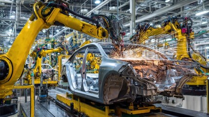 Fototapeta premium Modern automotive manufactu factory with robotic arms assembling a car body on production line in vibrant industrial environment