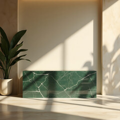 Green 3D stone podium in modern living room interior design with large window shadow and stylish decoration