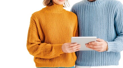 A couple stands together, both wearing cozy sweaters, while interacting with a tablet in a bright and modern setting.