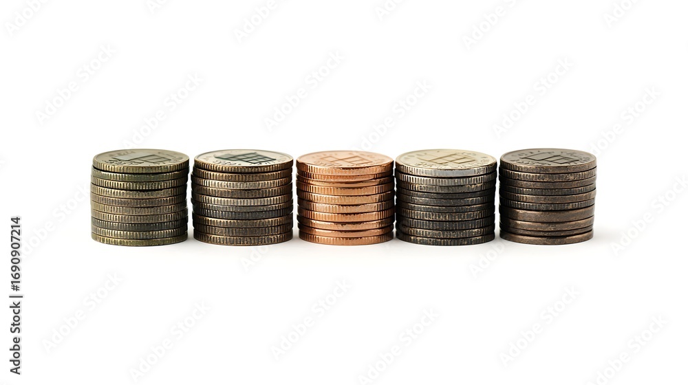 Poster a collection of stacked coins in various colors and sizes, representing currency and wealth.