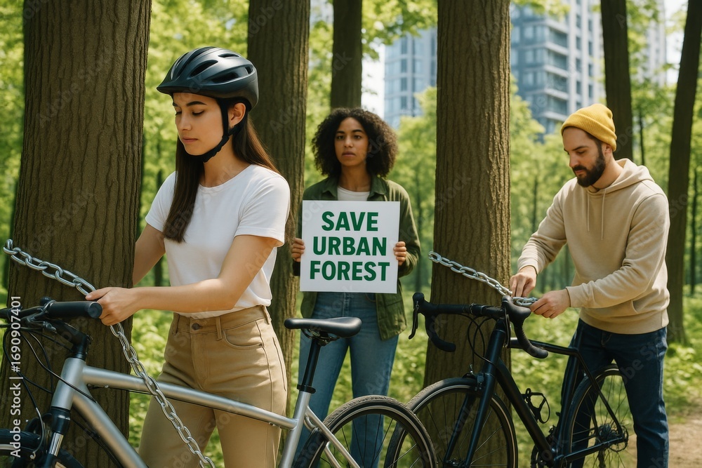 Poster cyclists lock bikes to trees in forest while protester holds sign urging to save green urban spaces,