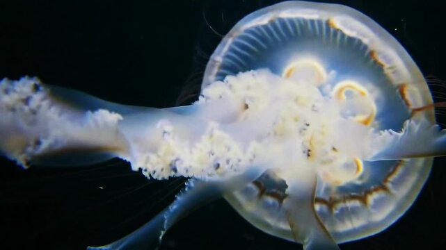 A jellyfish with a translucent bell and flowing tentacles gracefully drifts through the dark ocean waters showcasing its ethereal beauty
