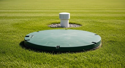 Septic Tank Lid on Green Grass Residential Lawn Landscape