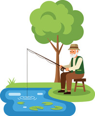 Relaxed Senior Man Fishing by Pond - Peaceful Grandfather Enjoying a Hobby Outdoors

