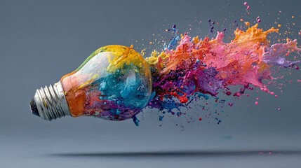 Conceptual lightbulb explosion of vibrant colorful paints, representing creativity, innovation, and bright ideas on gray background.
