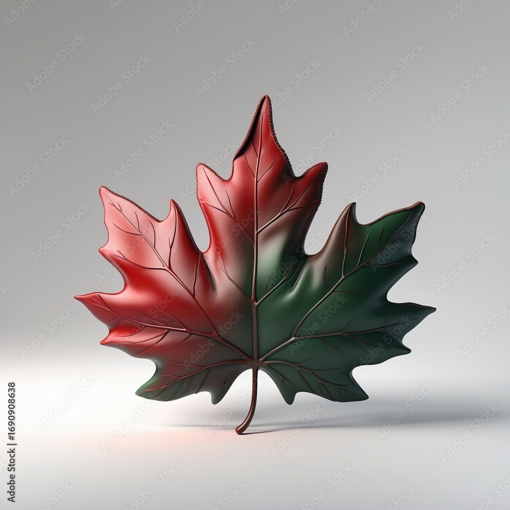 Poster close-up of a red and green maple leaf with gradient colors on a light gray background