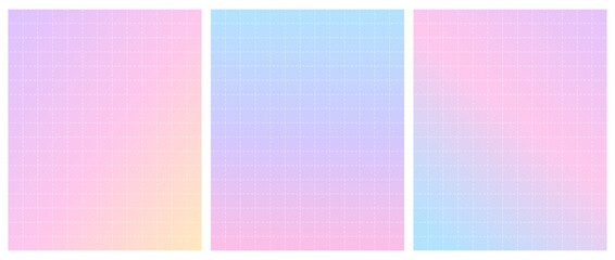 Set of cute pastel gradient backgrounds with a white dashed grid. Perfect for social media stories, digital planners, note-taking templates, scrapbooking, dreamy creative projects.