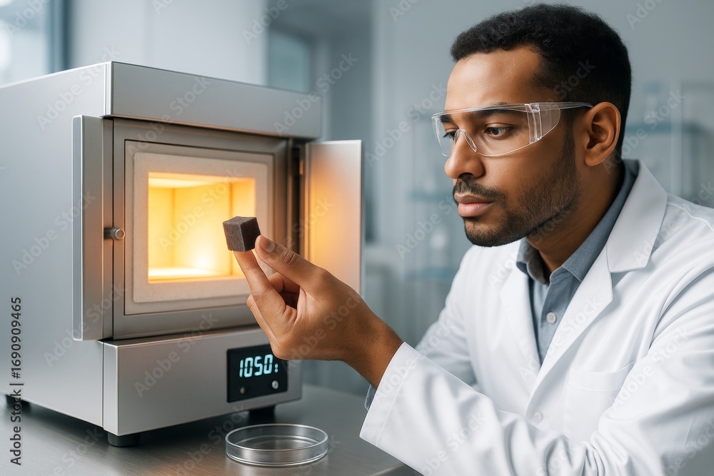 Poster scientist analyzing black cube sample in front of high-temperature furnace inside modern laboratory 