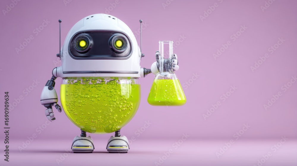 Poster a playful robot holds a flask filled with bubbling green liquid, set against a soft pink background,