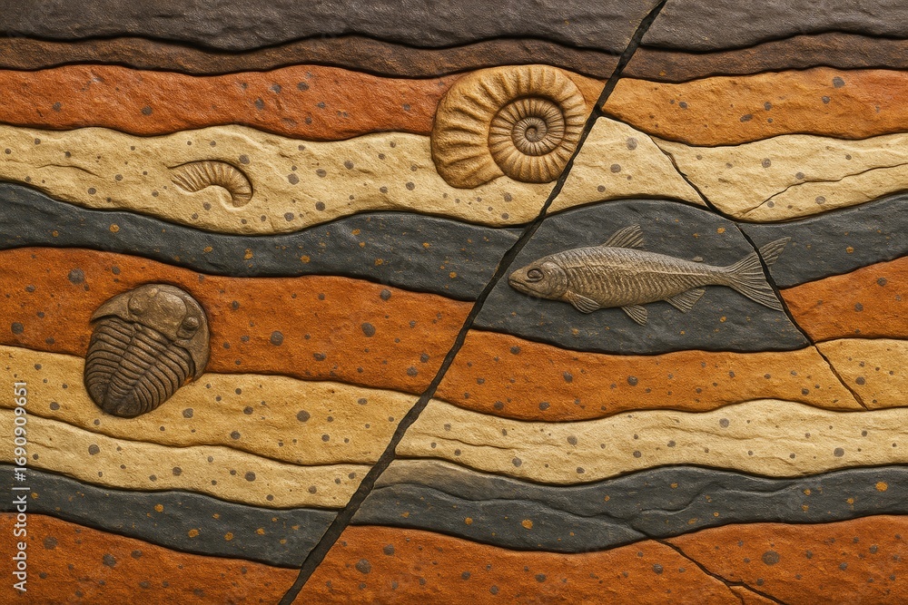Poster fossilized prehistoric creatures in multicolored sedimentary rock layers illustrating geological tim