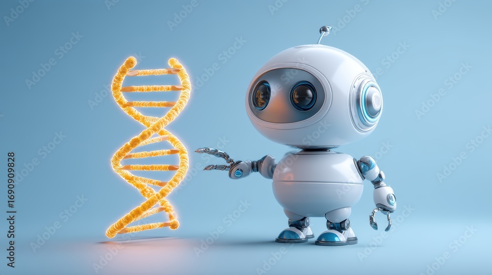 Poster a friendly robot interacts with a glowing dna helix, symbolizing the intersection of technology and 