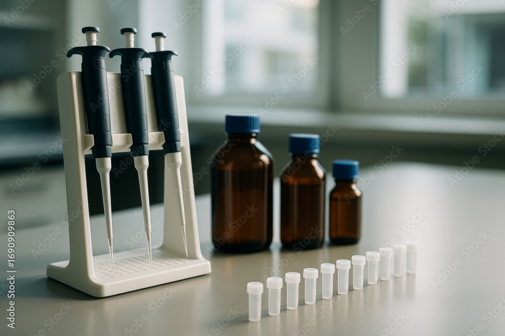 Poster laboratory micropipettes with brown glass reagent bottles and plastic sample vials on a light table 