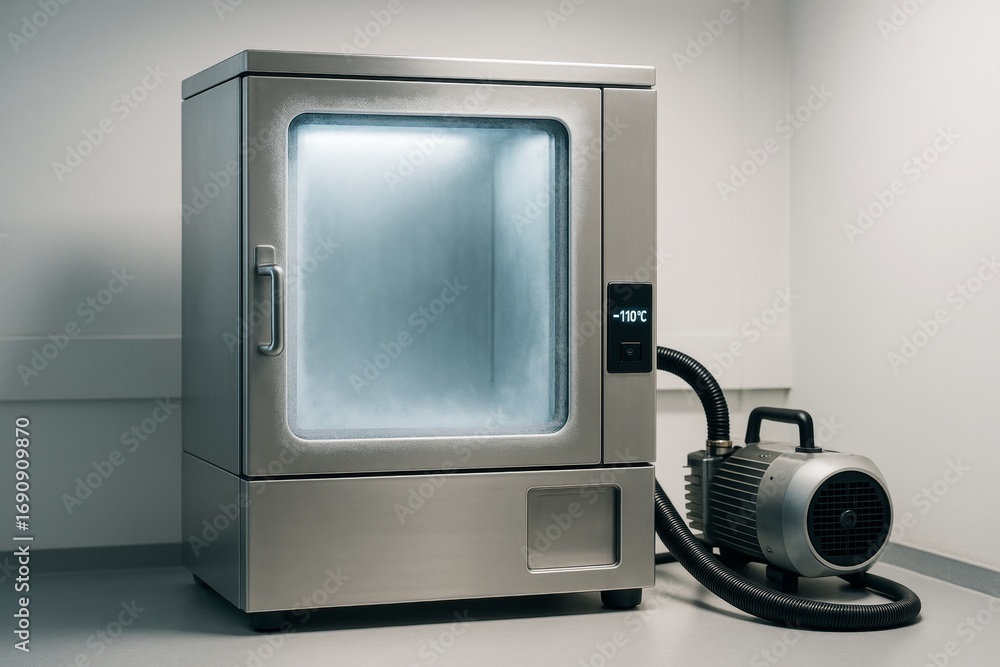 Poster Laboratory cryogenic freezer equipment with digital temperature display showing -110°C in sterile environment on white background. Ai generative. Ai generative