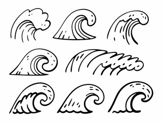 Waves lineart handdrawn icon minimalist set