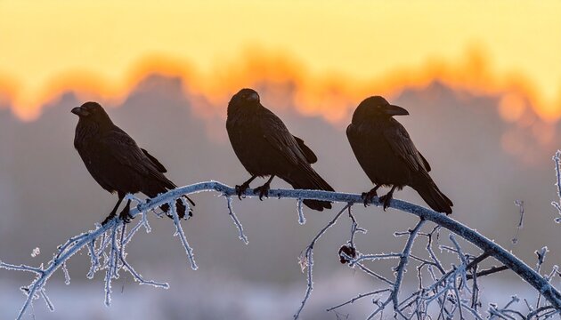 Three black crows perched on frosty curved branch, warm orange-yellow sunrise glow in background, winter scene contrasting cold ice and warm light.